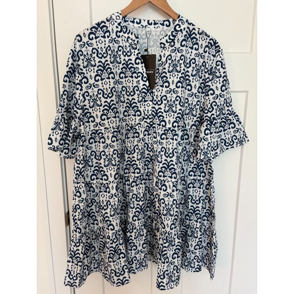 Women’s Blue White Ruffle Sleeve A-Line Dress Size 2XL NWT